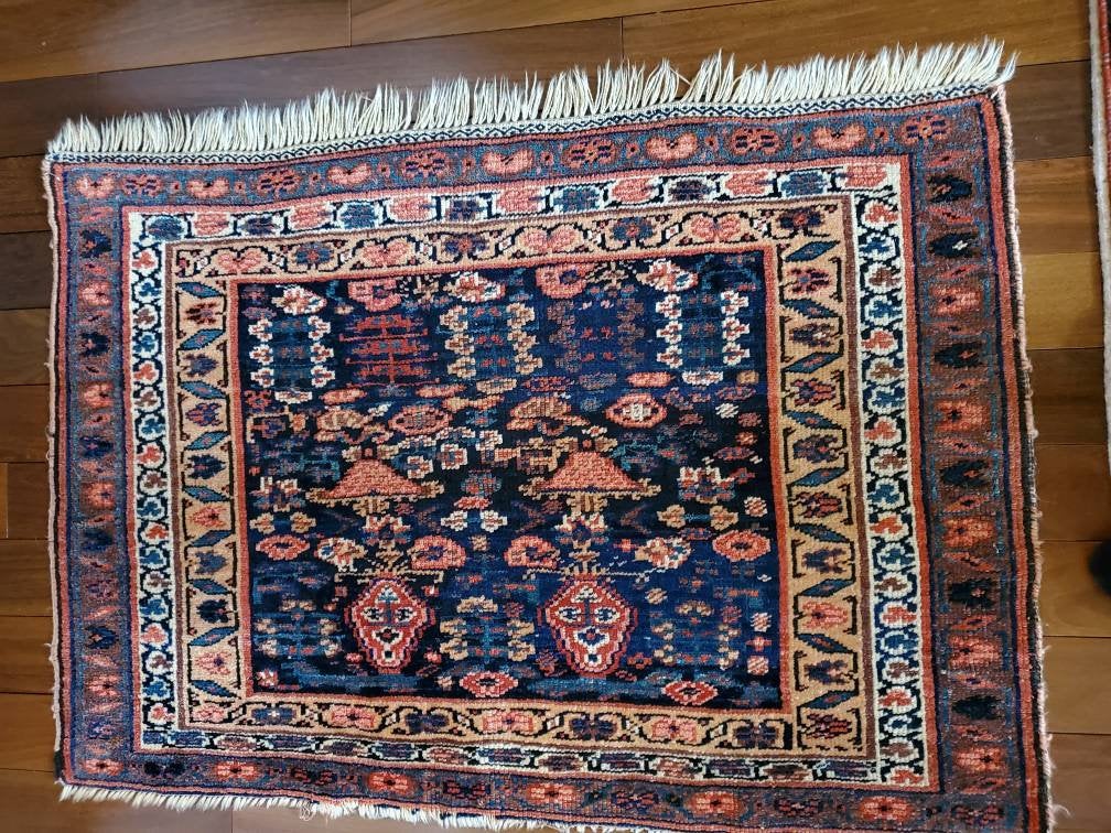 Antique Afshar pile rug with great natural colors of blues, indigo